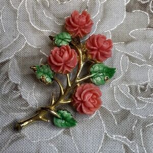 VTG JJ Jonette Brooch Floral Roses Branch Thorns‎ Gold Tone Enamel Pin Signed